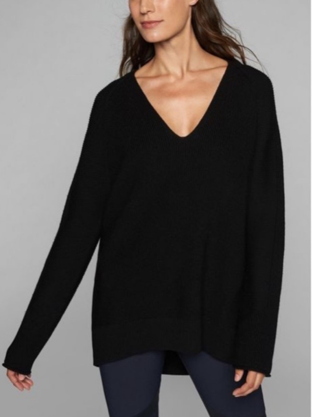 Athleta V-Neck Ribbed Merino Wool Blend Black Sweater‎ Womens Small